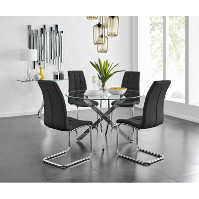 Tierra Sleek Metal and Glass Round Dining Table Set with 4 Faux Leather Upholstered Dining Chairs