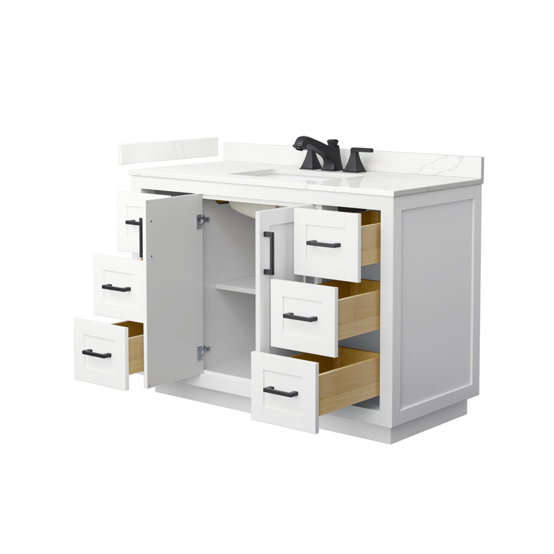 Ensemble de meuble-lavabo simple autoportant 48 po avec plateau en quartz Miranda, Quartz Giotto, Blanc, Noir mat