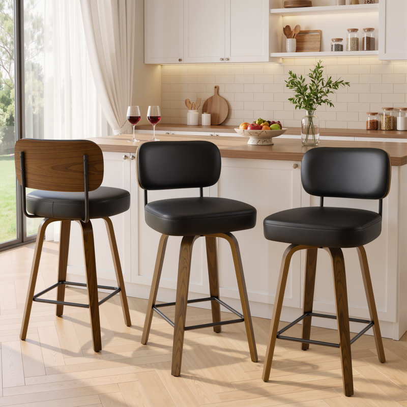 Loranza Swivel Upholstered Counter & Bar Stool, Black, Bar Stool (29" Seat Height), Brown