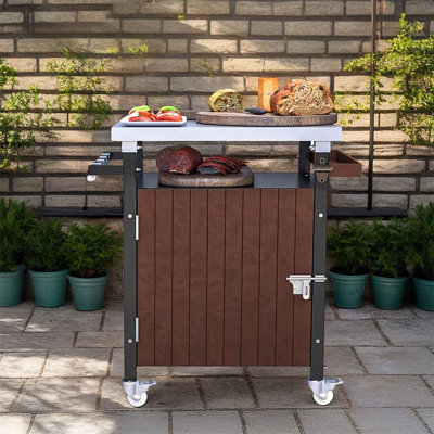 Outdoor Kitchen Island, Dining Cart Table With Stainless Steel Top, Storage Space, Hooks And Spice Rack, Rolling Serving Grill Cart Movable Food BBQ P by Arlmont & Co.