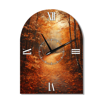 Autumn Woodland Path I - Rustic Arch Metal Wall Clock