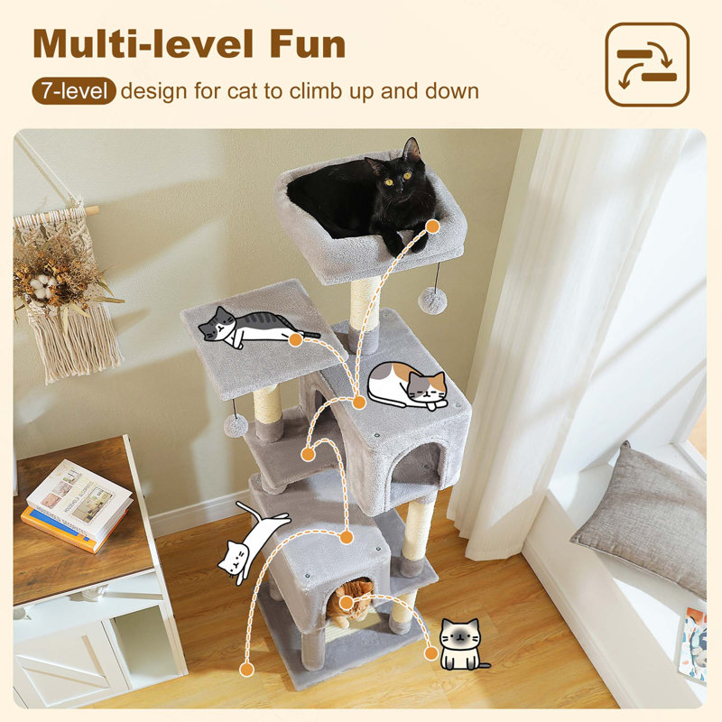 Tour pour chat à plusieurs niveaux avec condos spacieux, patin à gratter, poteaux à griffer, perchoirs supérieurs et pompons pour le jeu et le repos félins