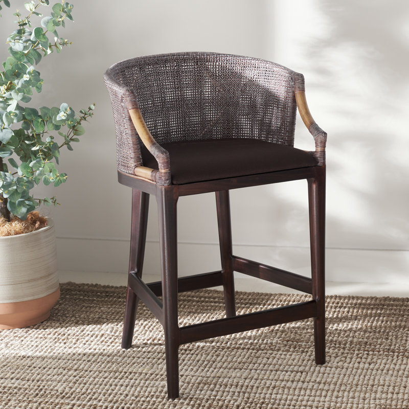 Carneshia Upholstered Solid Wood Counter Stool, Gray/Brown Seat/Brown Frame