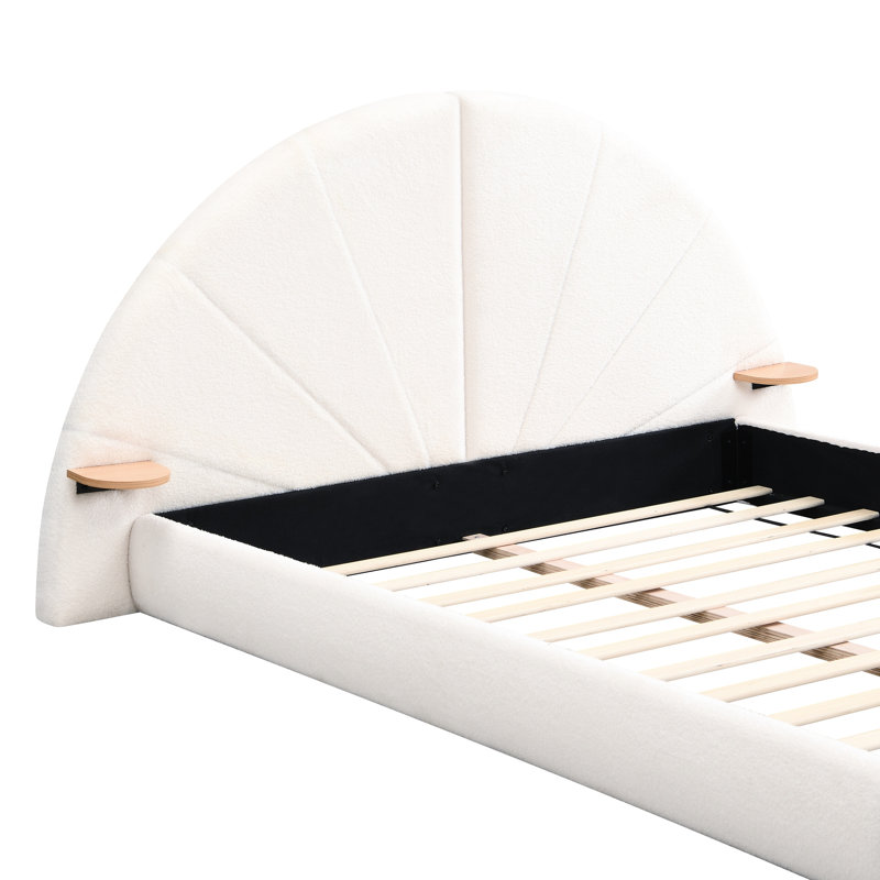 Beige lit arqué unique et grand, grand, avec une petite surface de table Boucl, debout au sol, convient pour une chambre à coucher de style contemporain et simple, confortable et stable