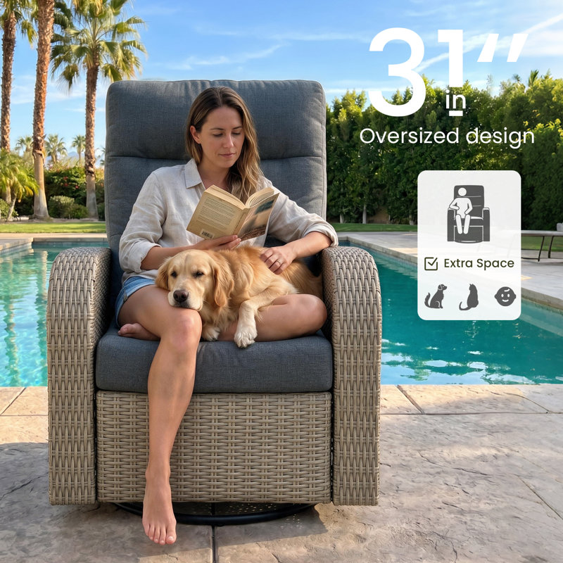 Fauteuil inclinable et pivotant surdimensionné en osier pivotant à 360 ° pour l'extérieur, ensemble de 2 chaises longues inclinables et réglables pour le patio