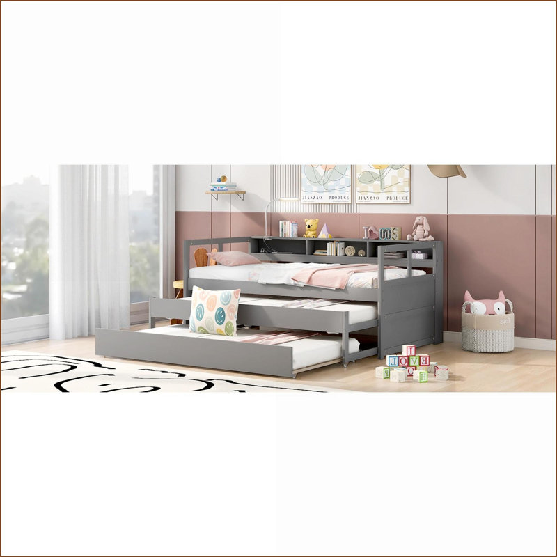 Twin XL Solid Pine Wood Daybed with 2 Trundles, 3 Storage Cubbies, Free Light &amp; USB - Gray, No Box Spring Needed, Gray