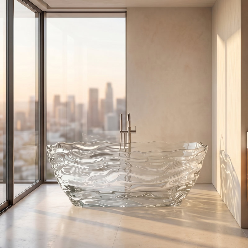 69" Freestanding Transparent Resin Soaking Bathtub - Clear Wavy Crystalline Luxury Tub