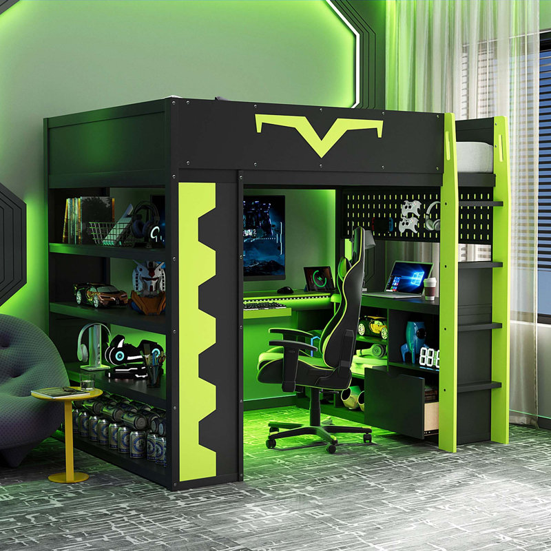 Lit mezzanine tout-en-un avec bureau intégré et éclairage RVB, Green;Black