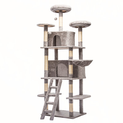 Large 70.87in Cat Tree W/2 Private Condos,3 Perches&Hanging Hammock,Skin-Friendly Short Plush&No Sharp Edges,Natural Sisal Scratching Areas,Safe & Stable for Multi-Cat Families,Kittens to Senior Cats