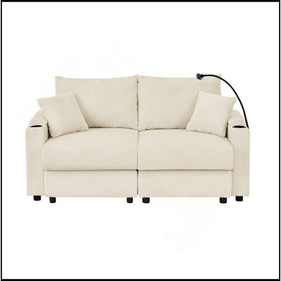 Canapé moderne avec causeuse avec rangement, canapé à assise profonde avec porte-gobelets et porte-téléphone, canapé en velours côtelé beige pour le salon