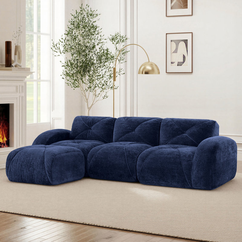 Boneless 110" L-Shaped Modular Compression Sectional Sofa with Ottoman for Living Room, Blue Velvet