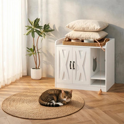 Double Cat Litter Box Enclosure, Wooden Hidden Cat Washroom with Storage, Ventilated, White