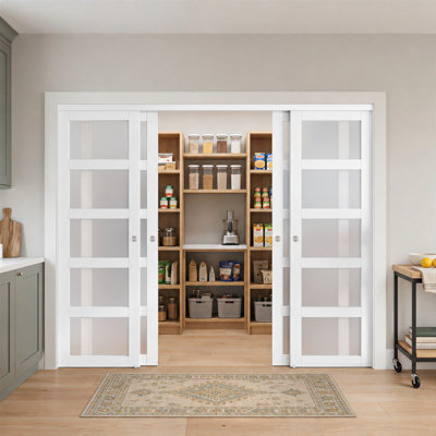 120" x 80" 5-Lite Frosted Glass Bypass Sliding Closet Doors with Hardware Kit