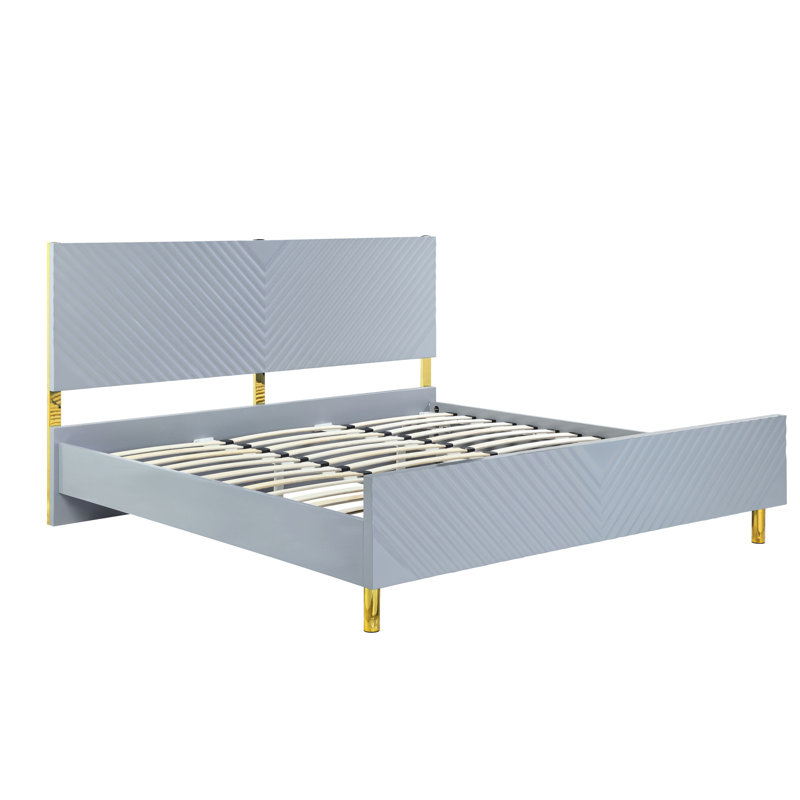 High Gloss Gray Queen Bed With Wave Pattern Design, Metal And Synthetic Wood, 26 Slats, 2 Support Legs, 660Lbs Load Bearing Pattern, , Capacity