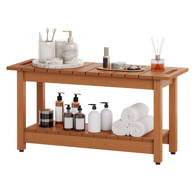 35.5" Shower Bench, HIPS Shower Stool with Shelf, Shower Seat 400 Lbs Capacity, Indoor & Outdoor Multi-Functional for Bathroom, Entryway, Garden, Teak