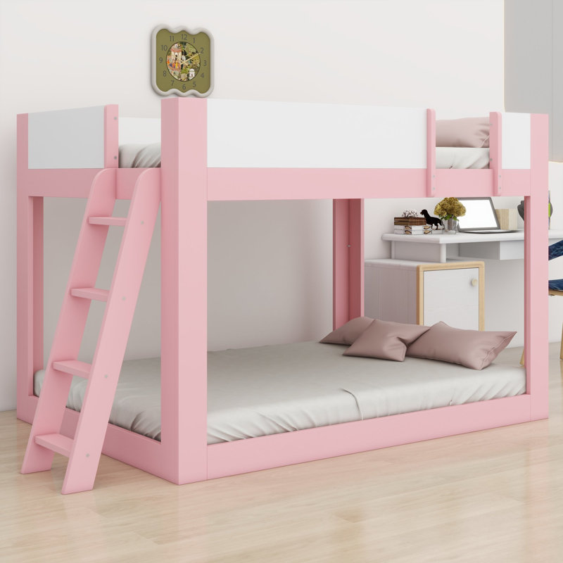 Lit superposé avec échelle réversible et barrières de sécurité pour plafonds bas, Lit double, Rose