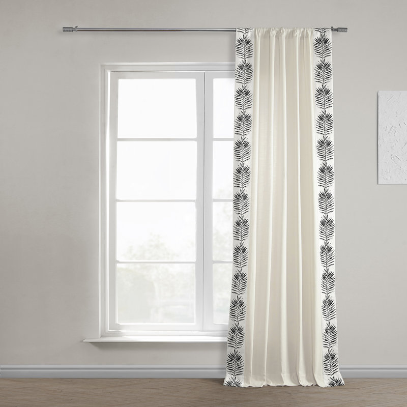Semi Sheer Curtains for Bedroom - Solid Cotton Bordered Window Curtains Single Panel Drape, 50" W x 108" L