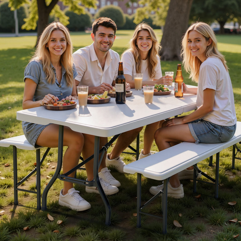3 Piece 6-Foot Folding Table and Bench Set,  Portable & Heavy Duty, HDPE Plastic Top with Steel Frame, Indoor & Outdoor Use, White