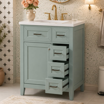 Ensemble de meuble-lavabo avec lavabo 30 po, armoire de salle de bain verte avec tiroirs, structure solide et panneau de fibres à densité moyenne