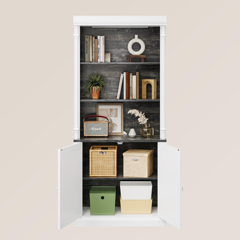 Bibliothèque haute avec 3 tablettes ouvertes et porte double, colonne romaine et 4 lumières réglables, armoire de rangement à grain de bois blanc et noir pour le bureau à domicile et le salon