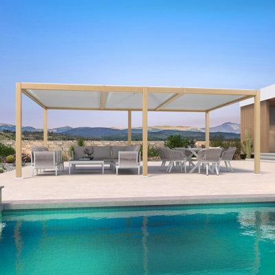 Pergola à persiennes en aluminium à grain de bois 11 po x 21 pi avec toit ajustable et patio rétractable à toit rigide pour la terrasse