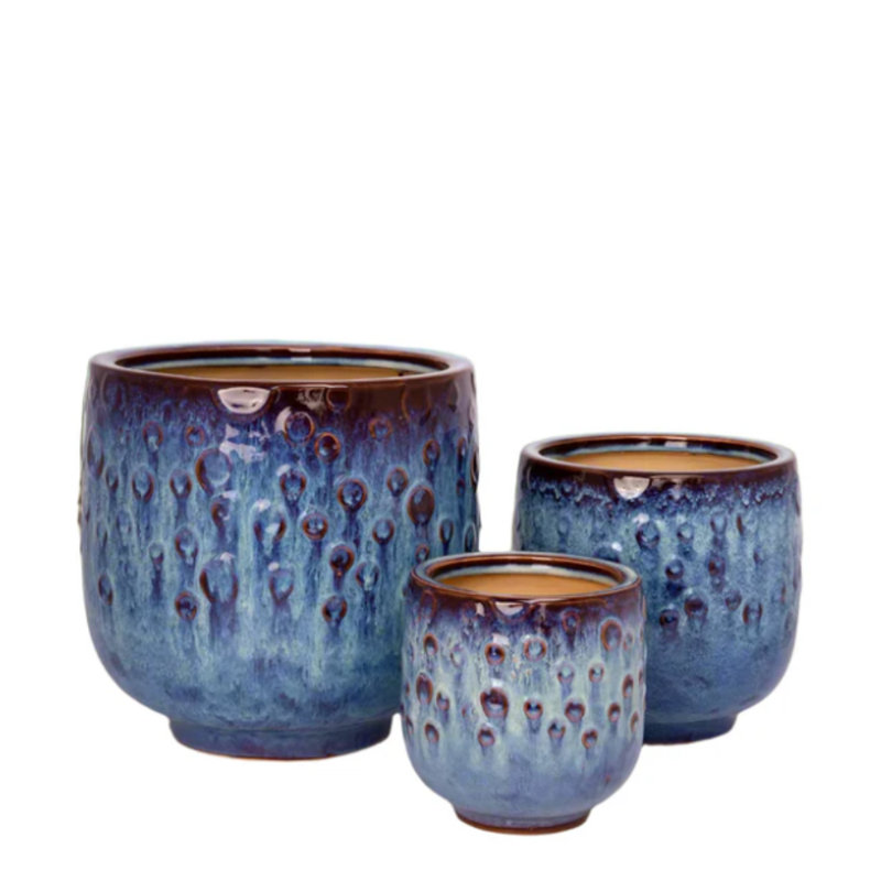 Ensemble de trois pots à fleurs en céramique bleu