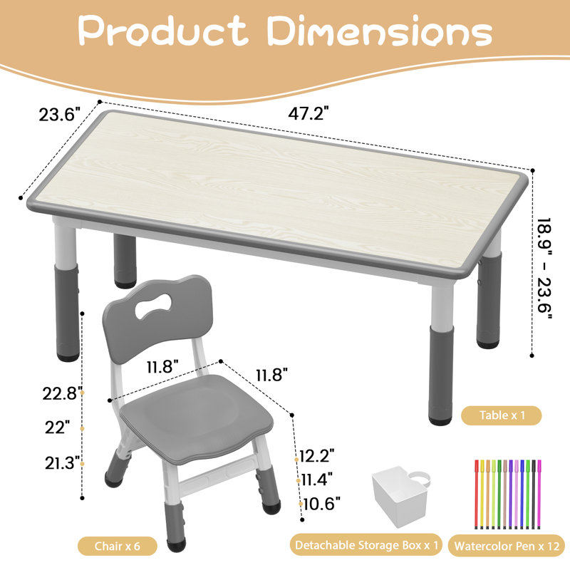 Ensemble de table et 6 chaises pour enfants, table d'activités/d'étude à hauteur réglable - Plateau en bois facile à nettoyer, pieds antidérapants, boîte de rangement incluse - Idéal pour la maison, la garderie ou un coin bureau - Gris pâle