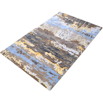 Tapis 5 pi x 8 pi beige/brun/bleu touffeté à la main abstract