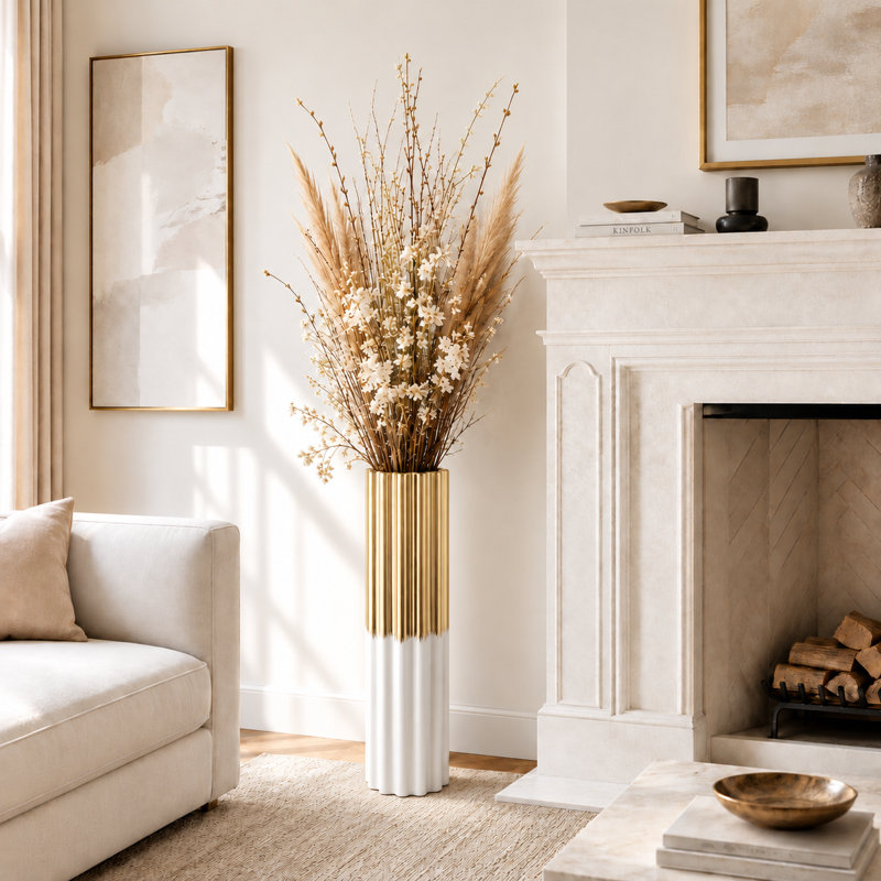 61cm Handmade Floor Vase Living Room Decor, Brass/White