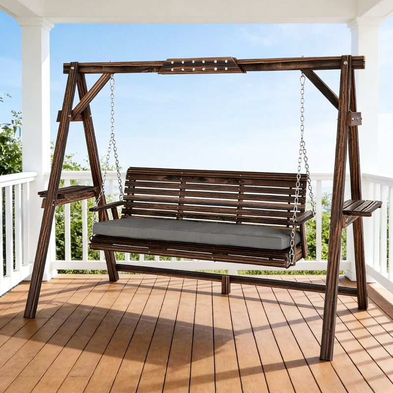 Balancelle d'extérieur - Fauteuil de conversation en bois avec coussin ergonomique et rembourré, tablettes latérales et chaîne réglable. Structure en bois de sapin massif pour une stabilité optimale. Plateaux de jardin et système de suspension sécurisé. Cadre