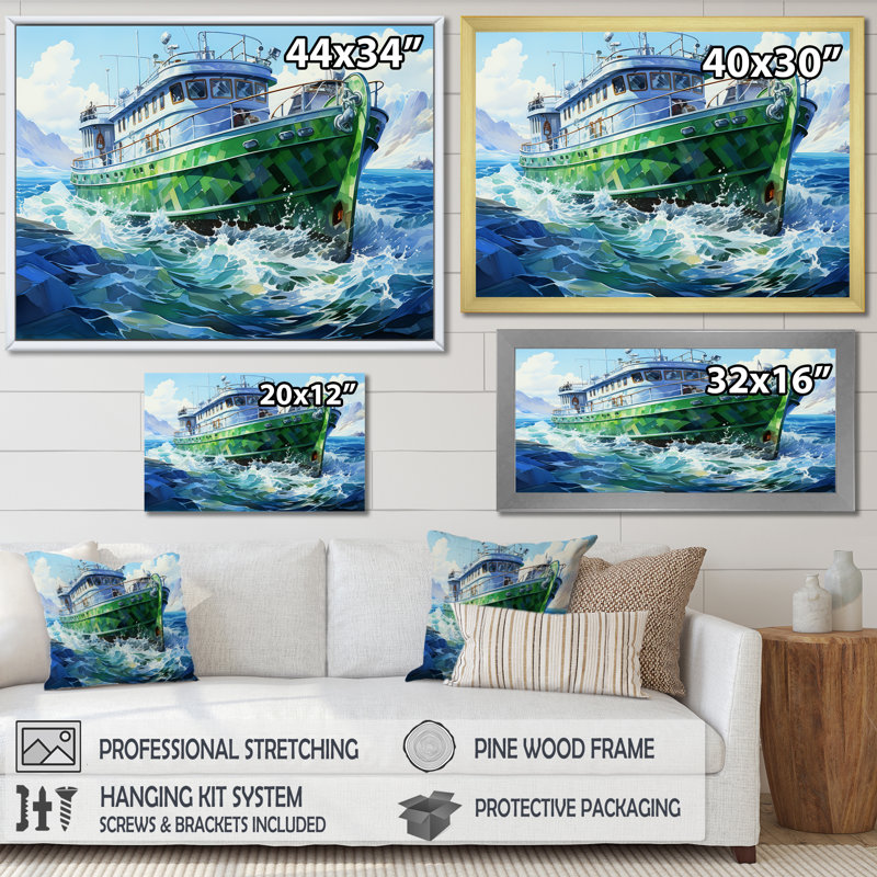 «Green Cubist», art mural mural, H 16 po x l 32 po x P 1 po, Cadre doré à coins fermés