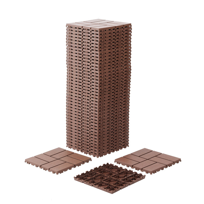 Paquet de 44 tuiles de terrasse emboîtables - Revêtement de sol extérieur imperméable pour balcon, bord de piscine et arrière-cour - Carreaux de plastique brun faciles à installer