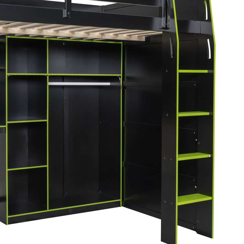 Lit mezzanine tout-en-un en bois pleine grandeur avec lumières RVB et bureau pour un espace de vie optimal