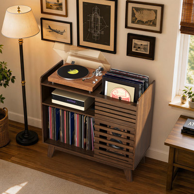 Mid Century Record Player Cabinet with Sliding Doors & Charging Station