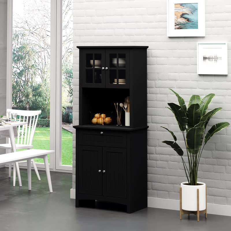 Buffet de cuisine avec tiroir de rangement pour garde-manger noir et espace pour micro-ondes, tablettes réglables pour les pots et les appareils, tiroir élégant, gestion des plateaux de cuisine