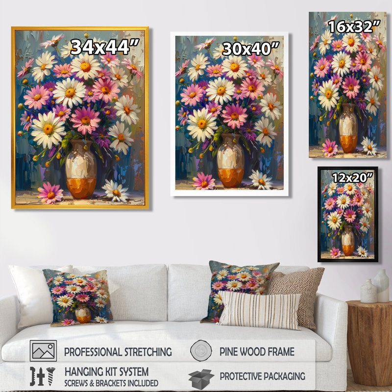 «Daisy Still Life Garden Collage I - Daisies Wall Art Living Room», Cadre simple noir, H 24 po x l 32 po