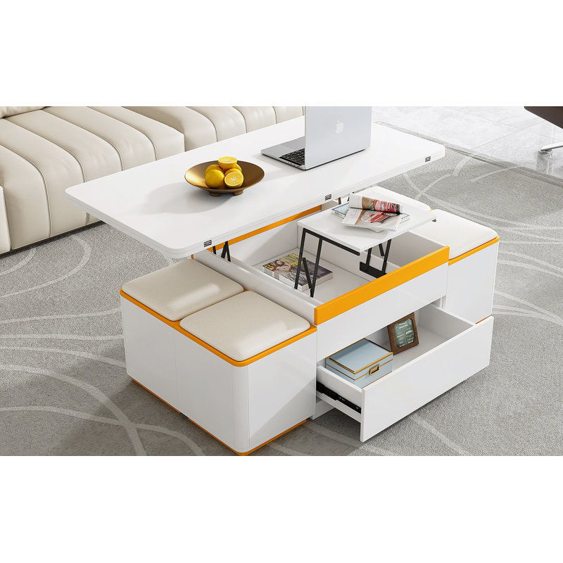 Table basse à plateau relevable avec tabourets de rangement, table centrale moderne avec plateau pliable, table basse réglable multifonctionnelle pour le salon