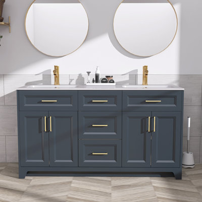 Solid Wood 60 Inch Freestanding Bathroom Vanity With Double Sink Combo Set Classic Storage Cabinet
