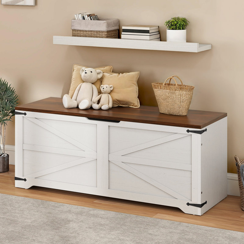 Farmhouse Storage Trunk Organizer Chest Bench Trunk With 2 Safety Hinges For Entryway, Bedroom And Living Room, Brown/White
