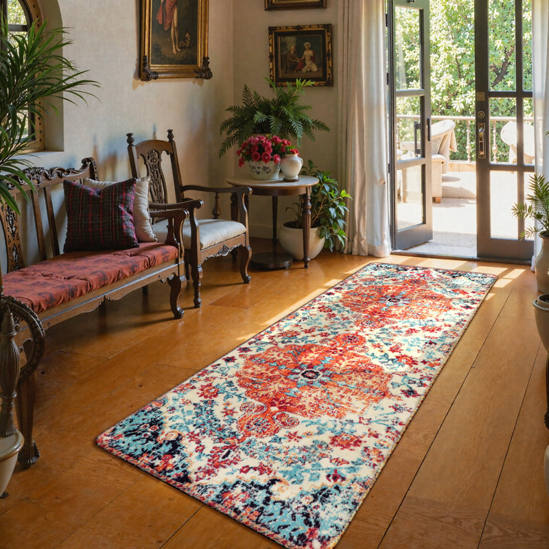 Boho Washable Area Rugs Floral Soft Non-Slip Printed Low Pile Throw Indoor Floor Carpet, Runner 2' x 6'
