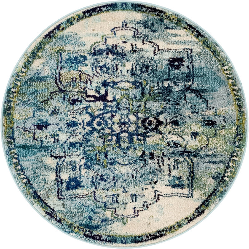 Tapis bleu tissé à la machine Holker, Rond 3 pi 3 po