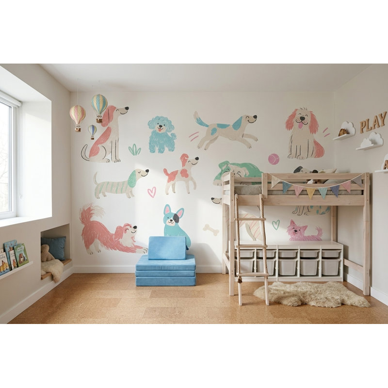 Murale ludique pastel ludique Playful Puppies, 120 po x 96 po, Non tissé