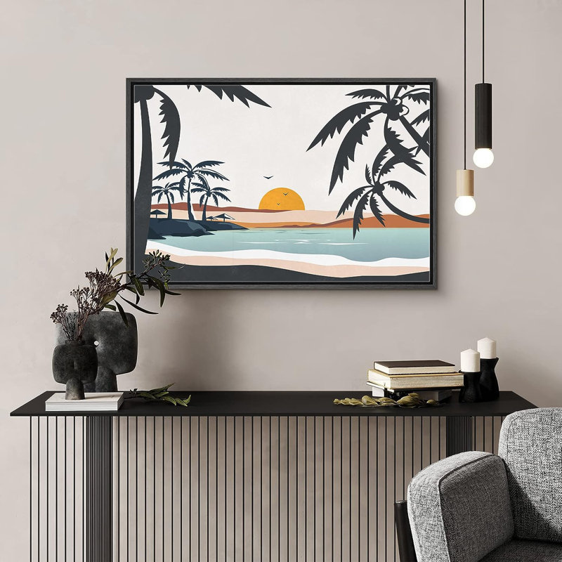 «Coastal Beach Tropical Palm Tree Ocean Beachy Sunset Coastal Decor», reproduction d'art sur toile encadrée, Cadre noir