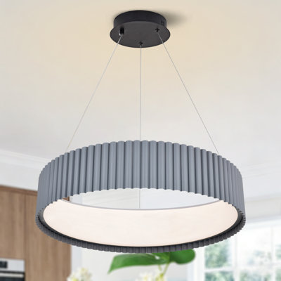 Suspension grise moderne, lustre tambour côtelé de 48 cm (18,9 po) avec DEL 116 W, 3 températures de couleur réglables et intensité variable, plafonnier suspendu pour îlot de cuisine, salle à manger, salon, hall d'entrée