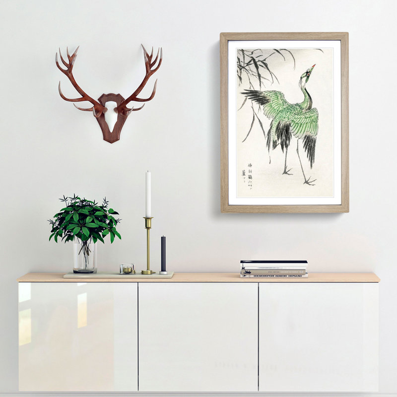 Crane Bird by Numata Kashu - Single Picture Frame Painting on MDF, 91cm H x 60cm W x 2cm D, Oak Framed