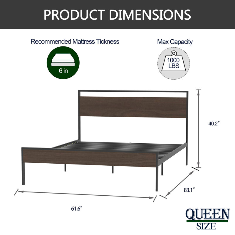 Metal Bed with Wood Headboard and Footboard, Walnut, Queen