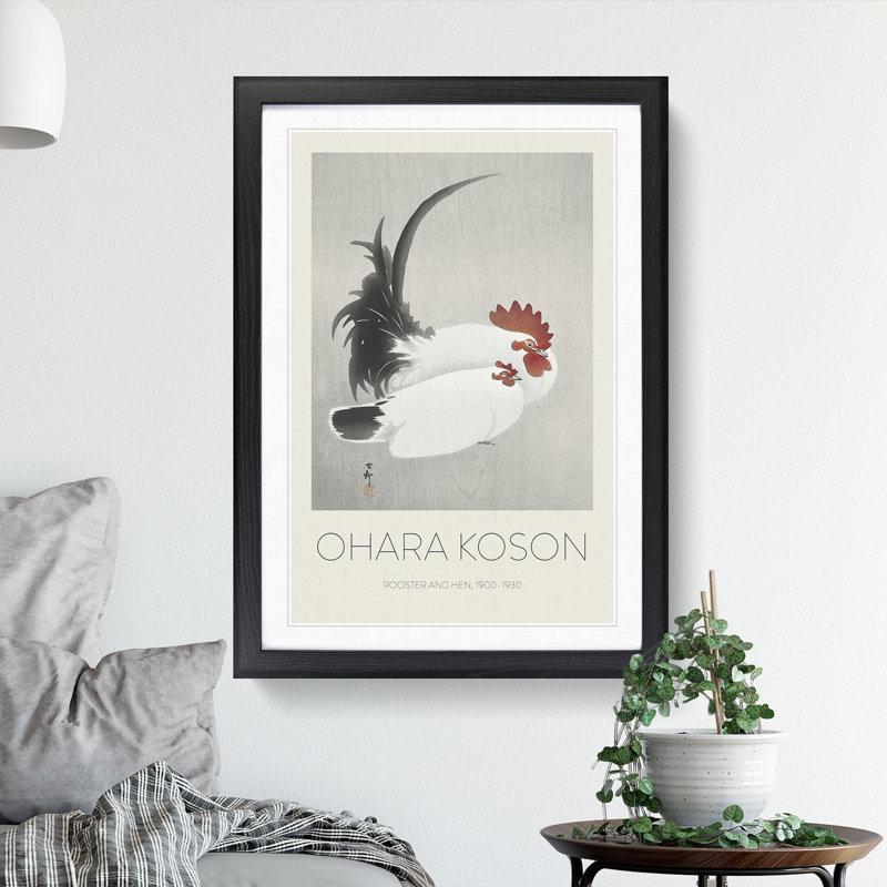 White Rooster & Hen by Ohara Koson - Picture Frame Art Prints, 48cm H x 36cm W x 2cm D, Black Framed