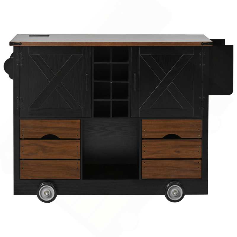54" Farmhouse Kitchen Island with Drop Leaf, Power Outlet, Kitchen Storage Cart with 2 Doors, 2 Drawers, Rolling Kitchen Island on 4 Large Wheels with Spice Rack for Kitchen, Dining Room