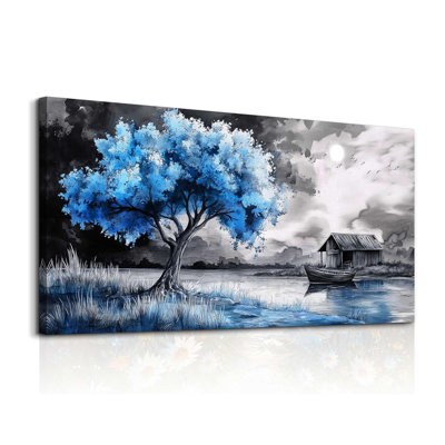 Art mural pour le salon, grande décoration murale pour la chambre à coucher, arbres blancs et bleus, images murales, restaurant, cadre de bureau, impression, toile, œuvre d'art moderne, décoration intérieure, 24 x 48 po