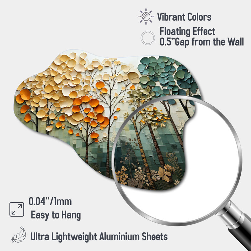 «Orange Green Trees Canopy Patchwork I», impression de nuage d'arbres sur métal, décoration murale asymétrique traditionnelle en métal